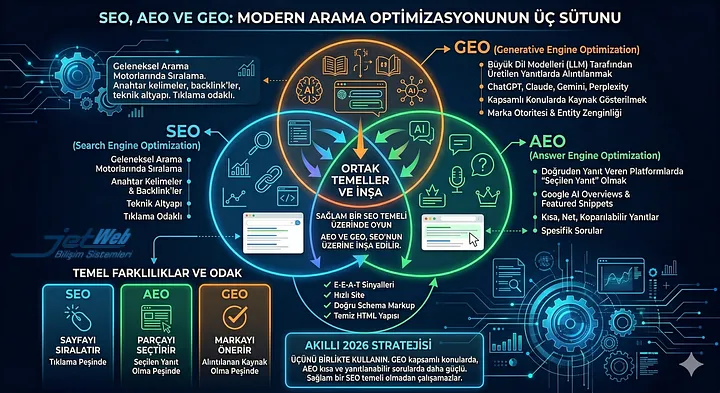SEO, AEO ve GEO: modern arama optimizasyonunun üç sütunu
